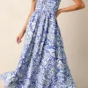 New Dear-Lover Floral Print Spaghetti Strap High Waist Maxi Dress Sky Blue