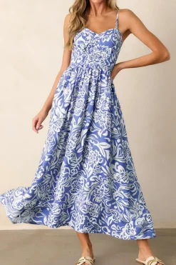 New Dear-Lover Floral Print Spaghetti Strap High Waist Maxi Dress Sky Blue