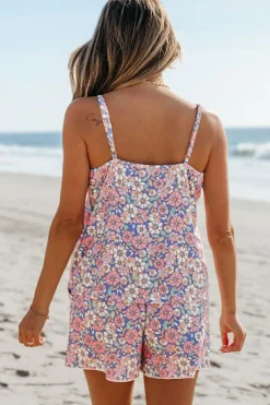 Discount Dear-Lover Floral Print Spaghetti Straps Tank Top and Shorts Set Sky Blue