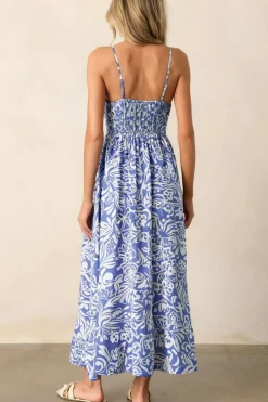 New Dear-Lover Floral Print Spaghetti Strap High Waist Maxi Dress Sky Blue