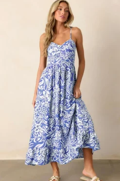 New Dear-Lover Floral Print Spaghetti Strap High Waist Maxi Dress Sky Blue