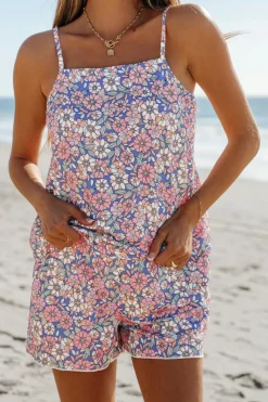Discount Dear-Lover Floral Print Spaghetti Straps Tank Top and Shorts Set Sky Blue