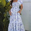 Best Dear-Lover Floral Print Square Neck Bubble Sleeve High Waist Maxi Dress Sky Blue