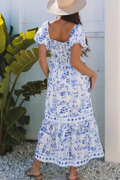 Best Dear-Lover Floral Print Square Neck Bubble Sleeve High Waist Maxi Dress Sky Blue