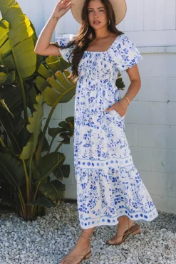 Best Dear-Lover Floral Print Square Neck Bubble Sleeve High Waist Maxi Dress Sky Blue