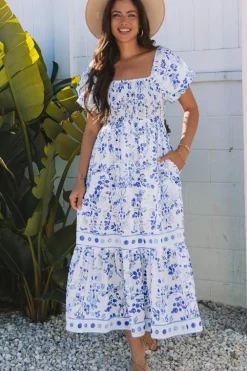 Best Dear-Lover Floral Print Square Neck Bubble Sleeve High Waist Maxi Dress Sky Blue