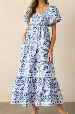 Best Dear-Lover Floral Print Square Neck Bubble Sleeve High Waist Maxi Dress Sky Blue