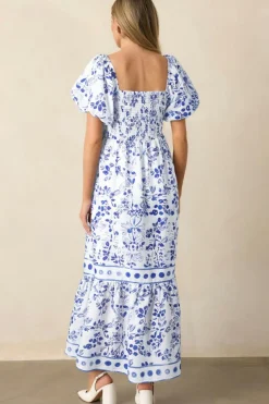 Best Dear-Lover Floral Print Square Neck Bubble Sleeve High Waist Maxi Dress Sky Blue