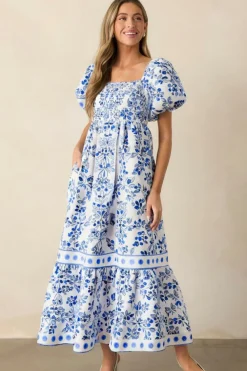 Best Dear-Lover Floral Print Square Neck Bubble Sleeve High Waist Maxi Dress Sky Blue