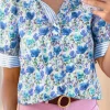 Clearance Dear-Lover Floral Print Striped Patchwork Collared Short Sleeve Blouse Sky Blue