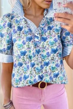 Clearance Dear-Lover Floral Print Striped Patchwork Collared Short Sleeve Blouse Sky Blue