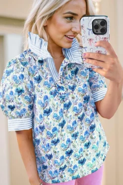 Clearance Dear-Lover Floral Print Striped Patchwork Collared Short Sleeve Blouse Sky Blue