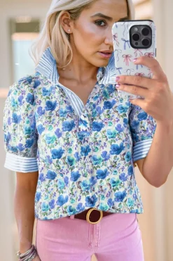 Clearance Dear-Lover Floral Print Striped Patchwork Collared Short Sleeve Blouse Sky Blue