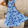 Hot Dear-Lover Floral Print Tiered Frilled Trim Flutter Sleeve Maxi Dress Sky Blue