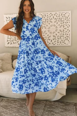 Hot Dear-Lover Floral Print Tiered Frilled Trim Flutter Sleeve Maxi Dress Sky Blue