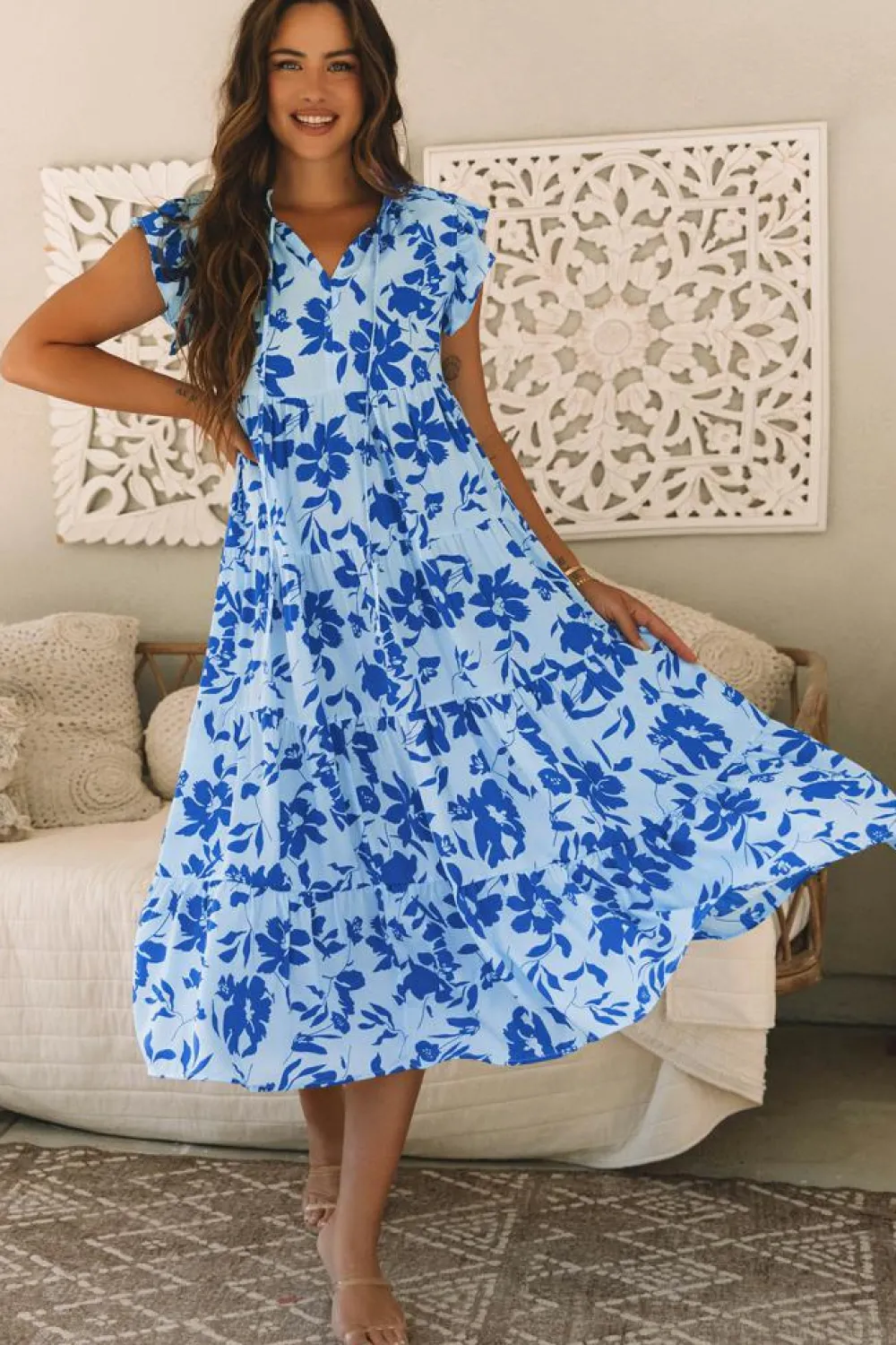 Hot Dear-Lover Floral Print Tiered Frilled Trim Flutter Sleeve Maxi Dress Sky Blue