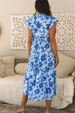Hot Dear-Lover Floral Print Tiered Frilled Trim Flutter Sleeve Maxi Dress Sky Blue
