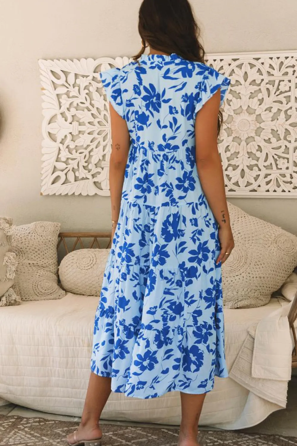 Hot Dear-Lover Floral Print Tiered Frilled Trim Flutter Sleeve Maxi Dress Sky Blue