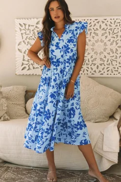 Hot Dear-Lover Floral Print Tiered Frilled Trim Flutter Sleeve Maxi Dress Sky Blue