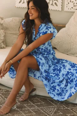 Hot Dear-Lover Floral Print Tiered Frilled Trim Flutter Sleeve Maxi Dress Sky Blue