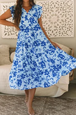 Hot Dear-Lover Floral Print Tiered Frilled Trim Flutter Sleeve Maxi Dress Sky Blue