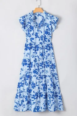 Hot Dear-Lover Floral Print Tiered Frilled Trim Flutter Sleeve Maxi Dress Sky Blue