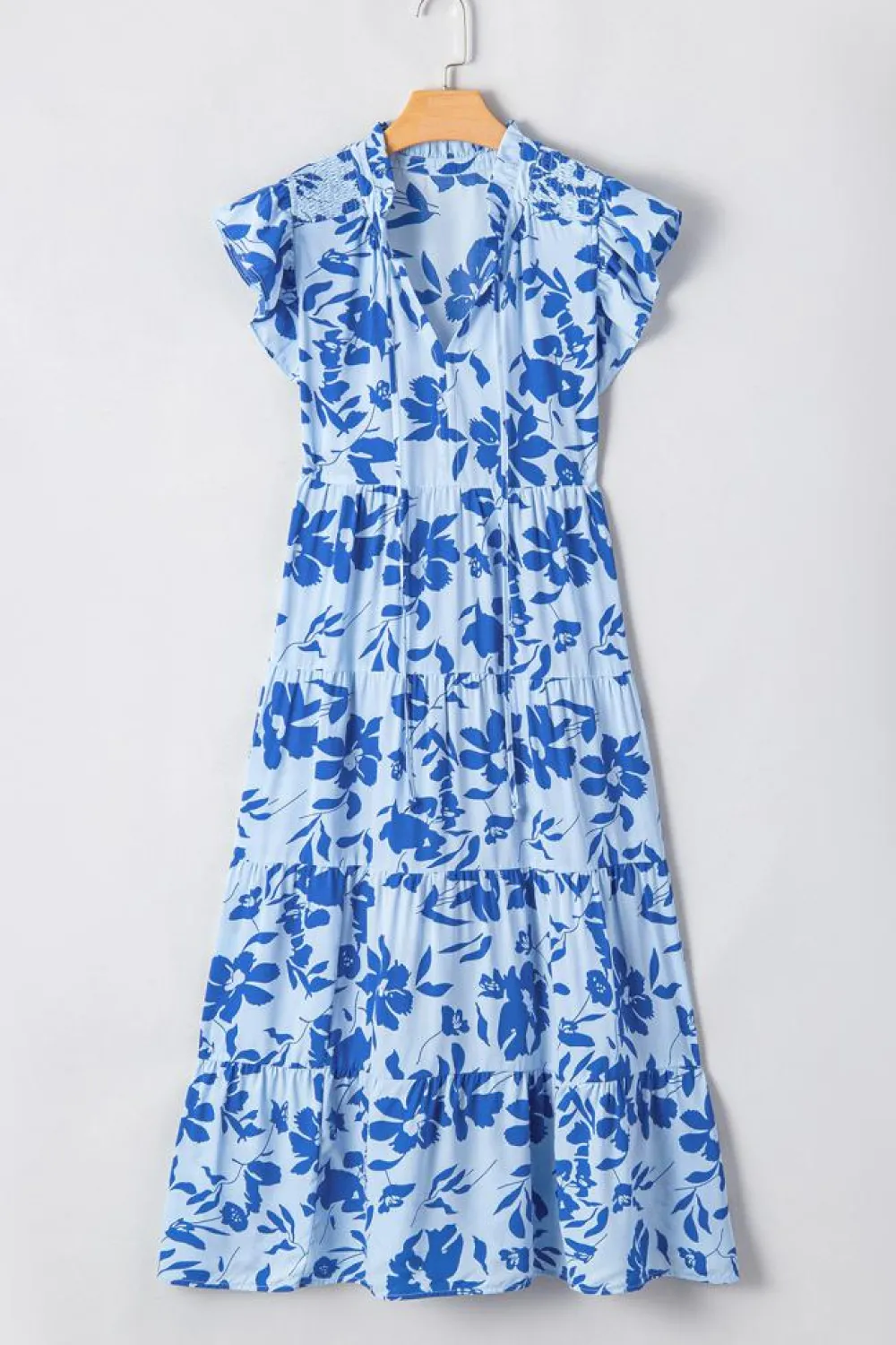 Hot Dear-Lover Floral Print Tiered Frilled Trim Flutter Sleeve Maxi Dress Sky Blue