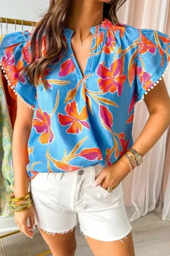 Hot Dear-Lover Floral Print V Neck Pompom Trim Flutter Sleeve Blouse Sky Blue
