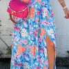 Discount Dear-Lover Floral Printed High Waist Split Wrap Long Skirt Sky Blue