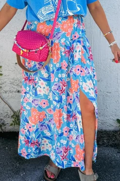 Discount Dear-Lover Floral Printed High Waist Split Wrap Long Skirt Sky Blue