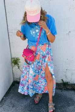 Discount Dear-Lover Floral Printed High Waist Split Wrap Long Skirt Sky Blue