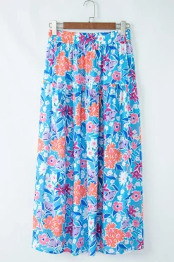 Discount Dear-Lover Floral Printed High Waist Split Wrap Long Skirt Sky Blue