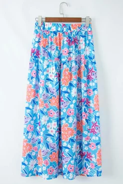 Discount Dear-Lover Floral Printed High Waist Split Wrap Long Skirt Sky Blue
