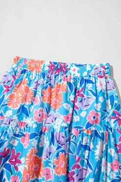 Discount Dear-Lover Floral Printed High Waist Split Wrap Long Skirt Sky Blue