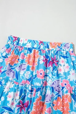 Discount Dear-Lover Floral Printed High Waist Split Wrap Long Skirt Sky Blue