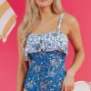 Sale Dear-Lover Floral Printed Ruffle Removable Strap One Piece Swimsuit Sky Blue