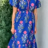 Outlet Dear-Lover Floral Puff Short Sleeve V Neck High Waist Maxi Dress Sky Blue
