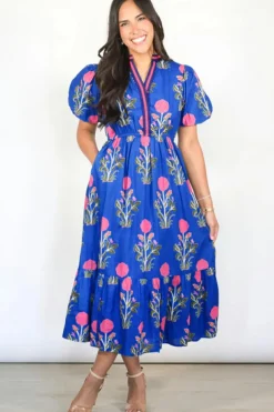 Outlet Dear-Lover Floral Puff Short Sleeve V Neck High Waist Maxi Dress Sky Blue