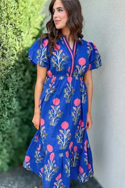Outlet Dear-Lover Floral Puff Short Sleeve V Neck High Waist Maxi Dress Sky Blue