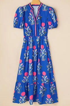 Outlet Dear-Lover Floral Puff Short Sleeve V Neck High Waist Maxi Dress Sky Blue