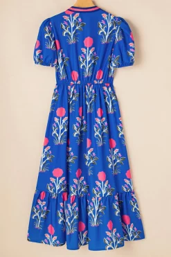 Outlet Dear-Lover Floral Puff Short Sleeve V Neck High Waist Maxi Dress Sky Blue