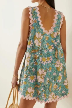 New Dear-Lover Floral Ricrac Trim V Neck Shift Mini Tank Dress Sky Blue