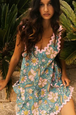New Dear-Lover Floral Ricrac Trim V Neck Shift Mini Tank Dress Sky Blue