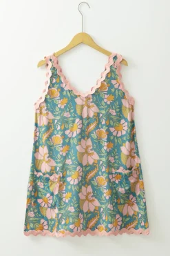 New Dear-Lover Floral Ricrac Trim V Neck Shift Mini Tank Dress Sky Blue