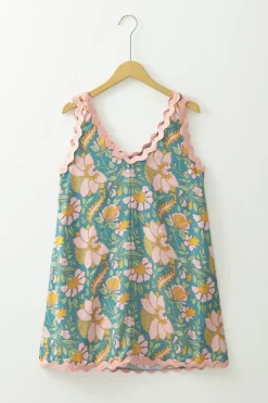 New Dear-Lover Floral Ricrac Trim V Neck Shift Mini Tank Dress Sky Blue