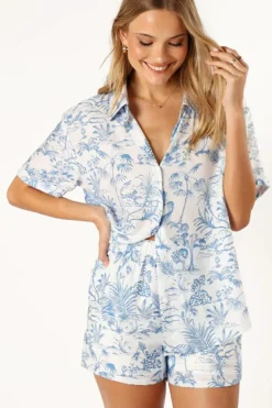 Best Dear-Lover Floral Short Sleeve Shirt and Shorts Set Sky Blue
