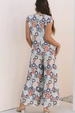 New Dear-Lover Floral Sleeveless Buttoned Pocketed Wide Leg Jumpsuit Sky Blue