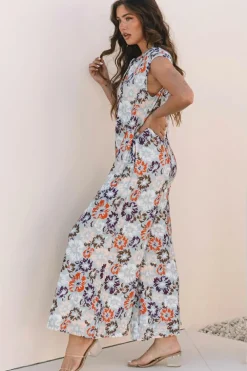 New Dear-Lover Floral Sleeveless Buttoned Pocketed Wide Leg Jumpsuit Sky Blue