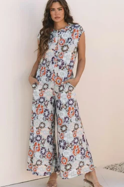 New Dear-Lover Floral Sleeveless Buttoned Pocketed Wide Leg Jumpsuit Sky Blue