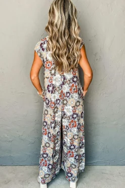 New Dear-Lover Floral Sleeveless Buttoned Pocketed Wide Leg Jumpsuit Sky Blue